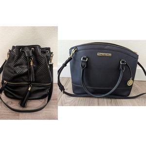 Purses - Black Bucket Bag & Navy Blue Handbag with Gold Details